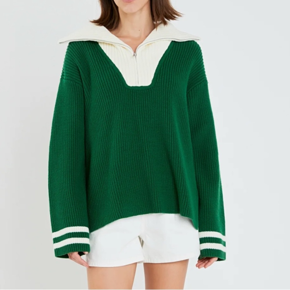 Green and White Women's Sweater - English Factory